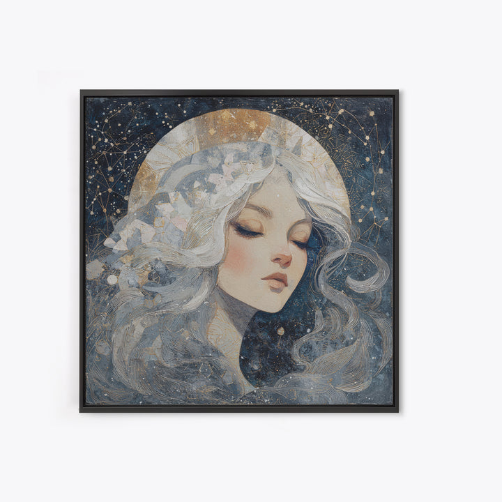Moon Goddess with Flowing Hair and Constellations Canvas Print, Astrology Art, Celestial Wall Art, Living Room Decor, Zodiac, AST-1x1-27
