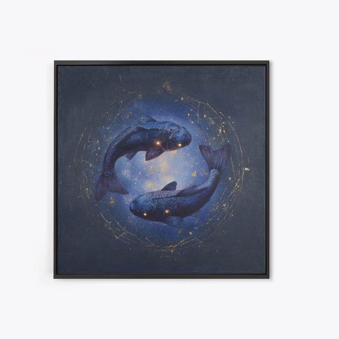 Cosmic Fish Pair Circling a Moonlit Pool Framed Canvas Print, Astrology Art, Dtf Print, Living Room Decor, Fine Art, Zodiac, AST-1x1-47