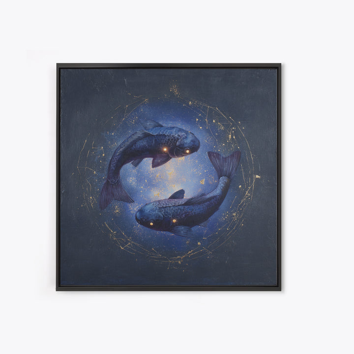 Cosmic Fish Pair Circling a Moonlit Pool Framed Canvas Print, Astrology Art, Dtf Print, Living Room Decor, Fine Art, Zodiac, AST-1x1-47