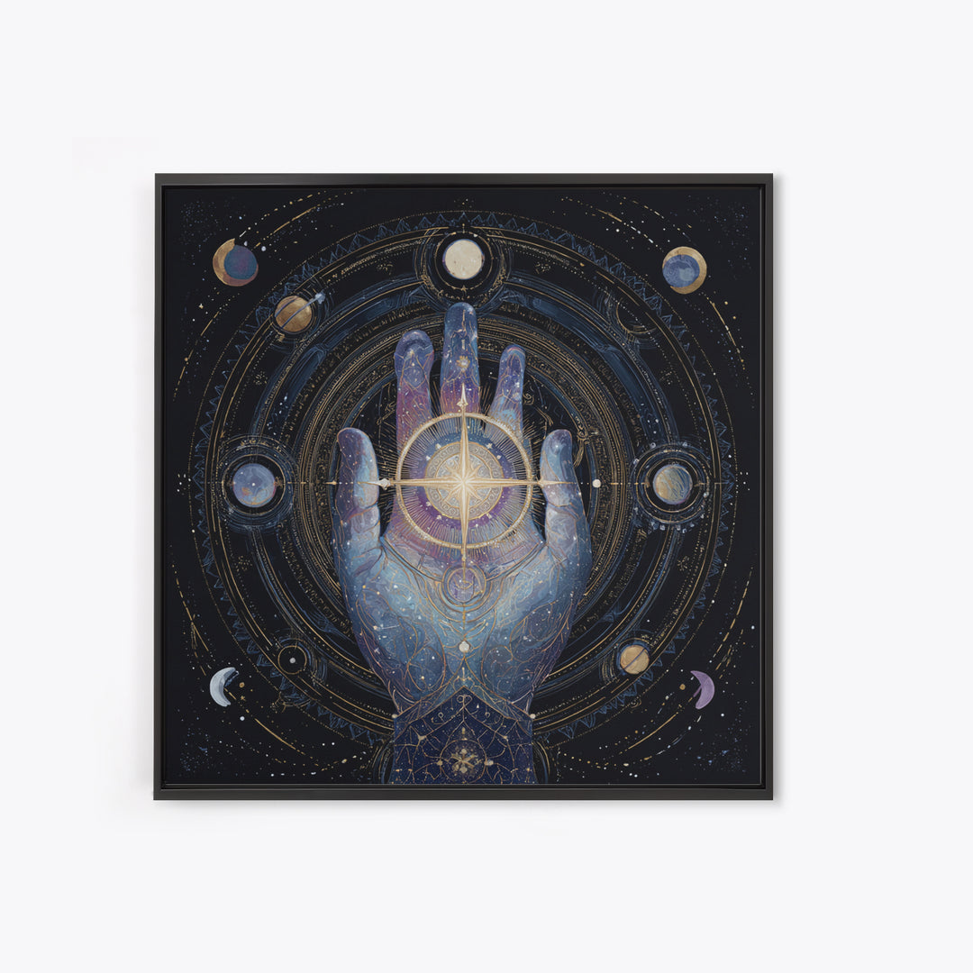 Tarot Cosmic Hand Holding a Glowing Star Framed Canvas Print, Astrology Art, Fine Art Print, Living Room Decor, Zodiac, AST-1x1-78
