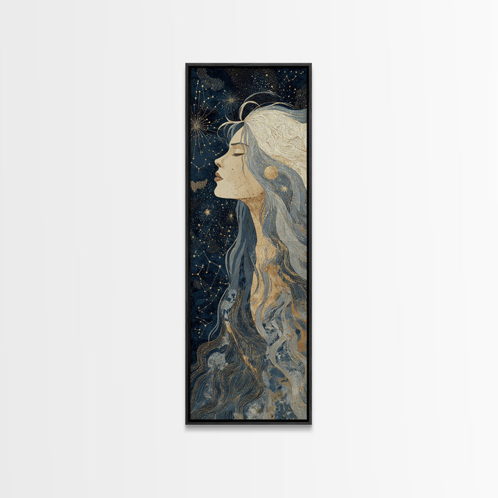Moon Goddess with Flowing Hair and Constellations Framed Canvas Print, Astrology Art, Boho Decor, Living Room Decor, Zodiac, AST-1x3-15