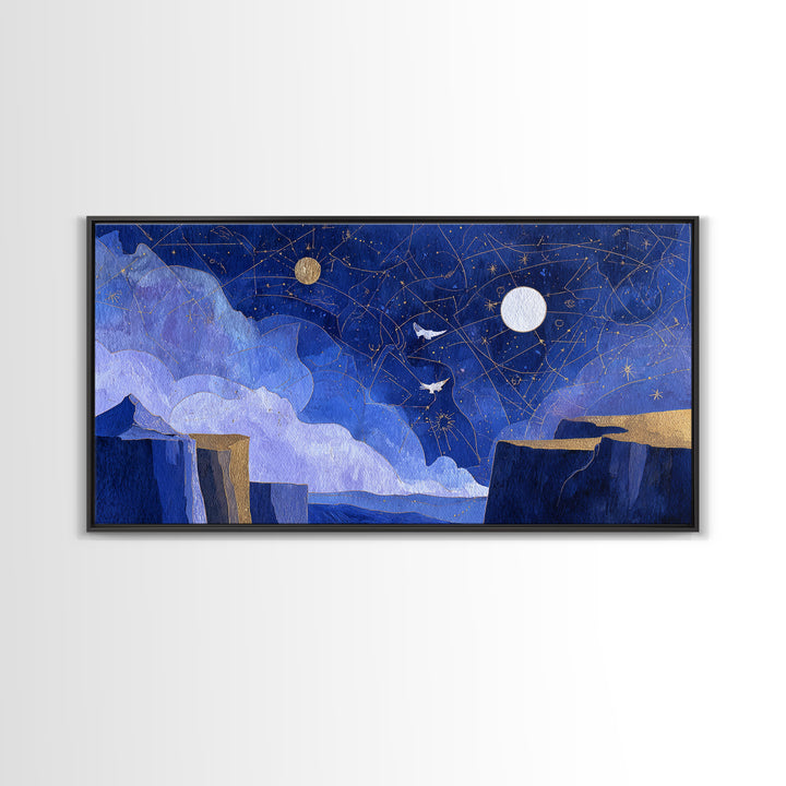Ram Constellation Above Desert Cliffs at Night Framed Canvas Print, Astrology Art, Giclee Print, Living Room Decor, AST-2x1-100