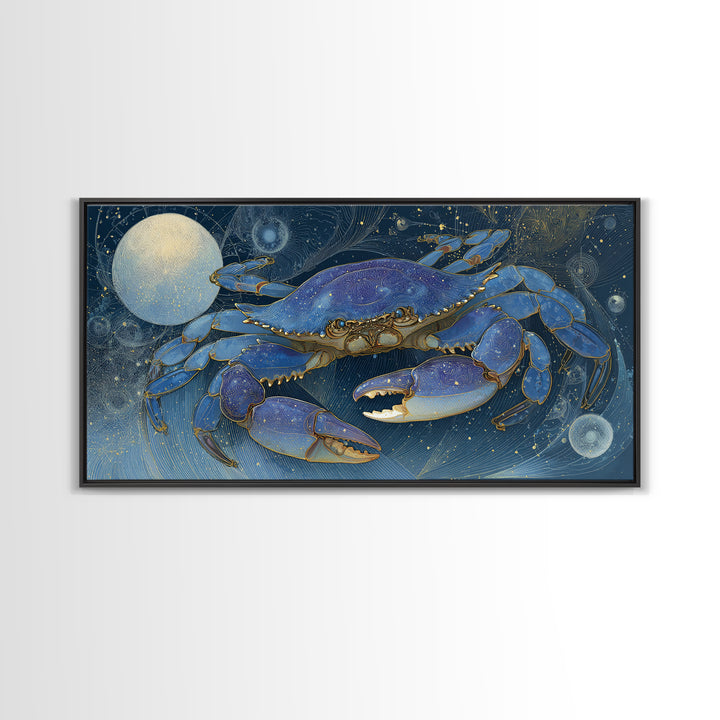 Celestial Crab under Glowing Ocean Moonlight Framed Canvas Print, Astrology Art, Room Decor, Living Room Decor, Zodiac, AST-2x1-12