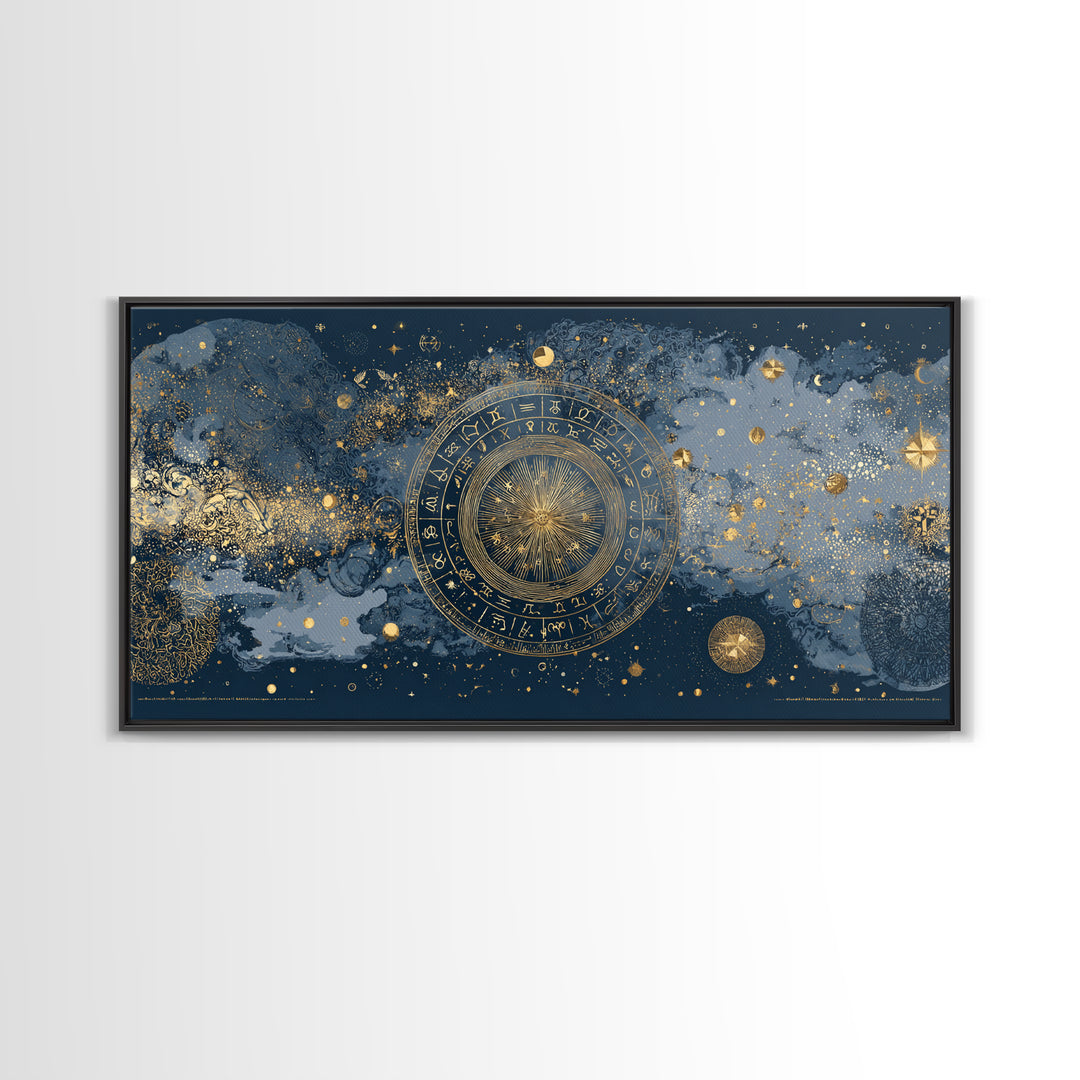 Gold Zodiac Wheel on Deep Midnight Blue Canvas Print, Astrology Art, Digital Wall Art, Living Room Decor, Oil Painting, Zodiac, AST-2x1-21
