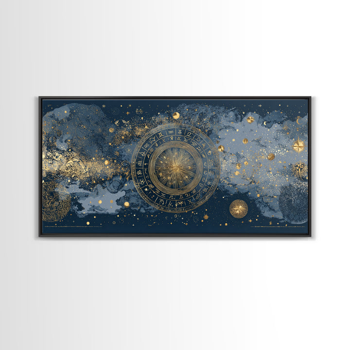 Gold Zodiac Wheel on Deep Midnight Blue Canvas Print, Astrology Art, Digital Wall Art, Living Room Decor, Oil Painting, Zodiac, AST-2x1-21