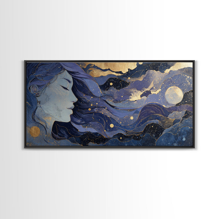 Moon Goddess with Flowing Hair and Constellations Framed Canvas Print, Astrology Art, Astrology, Living Room Decor, Zodiac, AST-2x1-23