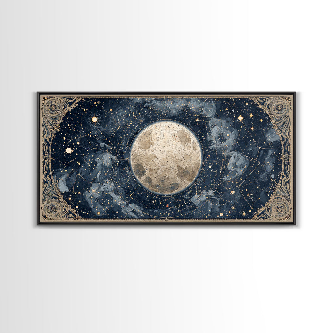 Retro Horoscope Chart Framed Canvas Print, Astrology Art, Boho Decor, Living Room Decor, Abstract Art, Zodiac, AST-2x1-65