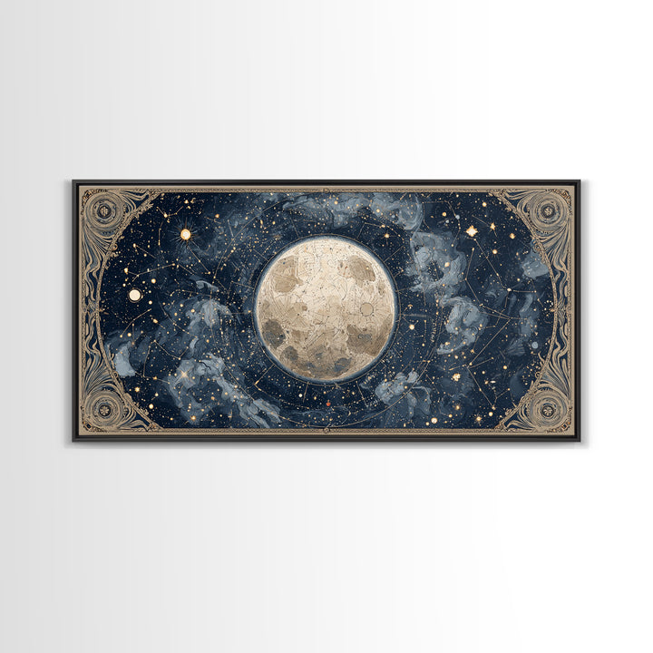 Retro Horoscope Chart Framed Canvas Print, Astrology Art, Boho Decor, Living Room Decor, Abstract Art, Zodiac, AST-2x1-65