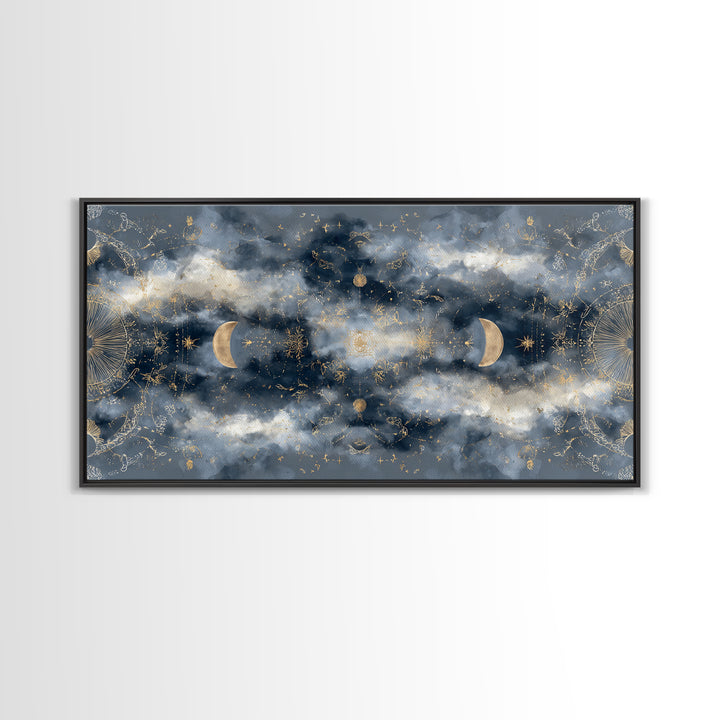 Celestial Twins Surrounded by Mirrored Moons Canvas Print, Astrology Art, Astrology Gifts, Living Room Decor, Oil Painting, AST-2x1-77