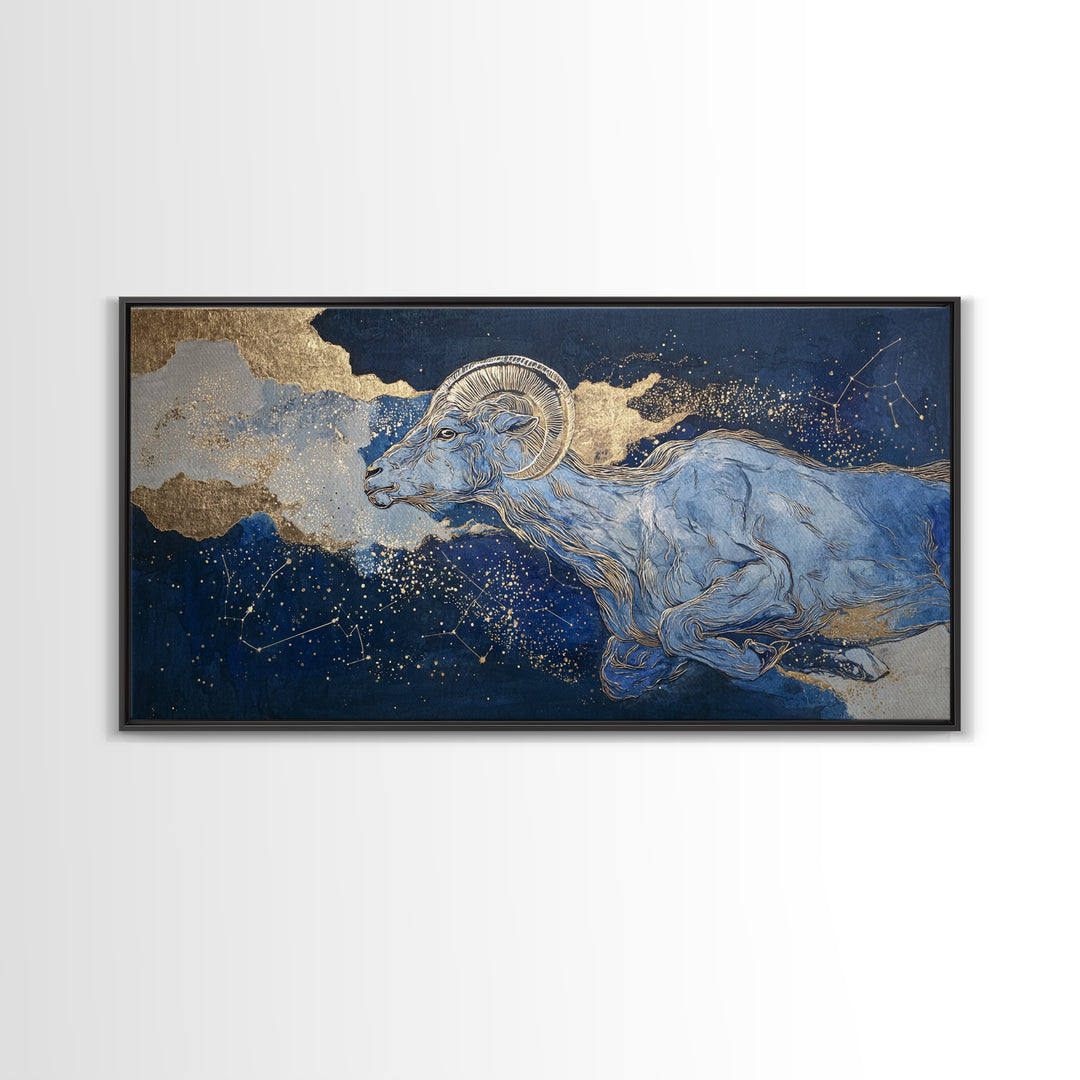 Capricorn Sea Goat Emerging from Cosmic Waves Framed Canvas Print, Astrology Art, Zodiac Sign Print, Living Room Decor, Zodiac, AST-2x1-87