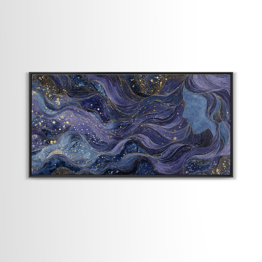 Moon Goddess with Flowing Hair and Constellations Framed Canvas Print, Astrology Art, Wall Decor, Living Room Decor, Zodiac, AST-2x1-95