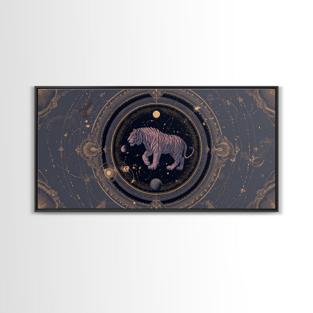 Twelve Zodiac Animals Arranged Framed Canvas Print, Astrology Art, Zodiac Sign Wall Art, Living Room Decor, Oil Painting, AST-2x1-96