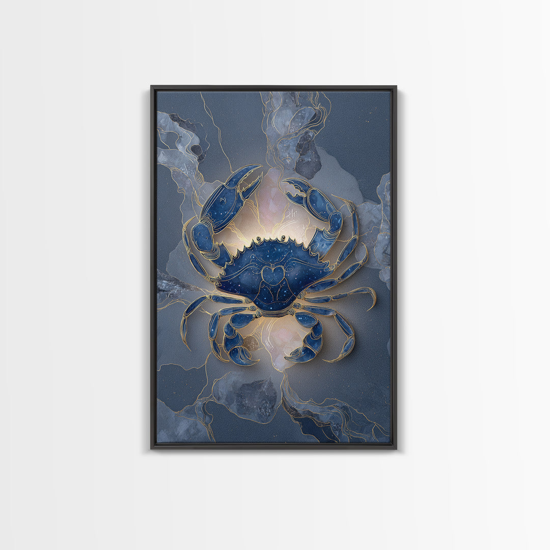 Celestial Crab under Glowing Ocean Moonlight Framed Canvas Print, Astrology Art, Neutral Decor, Living Room Decor, Zodiac, AST-2x3-24