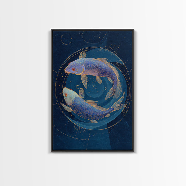 Cosmic Fish Pair Circling a Moonlit Pool Canvas Print, Astrology Art, Poster, Living Room Decor, Zodiac, Astrology Gifts, AST-2x3-31