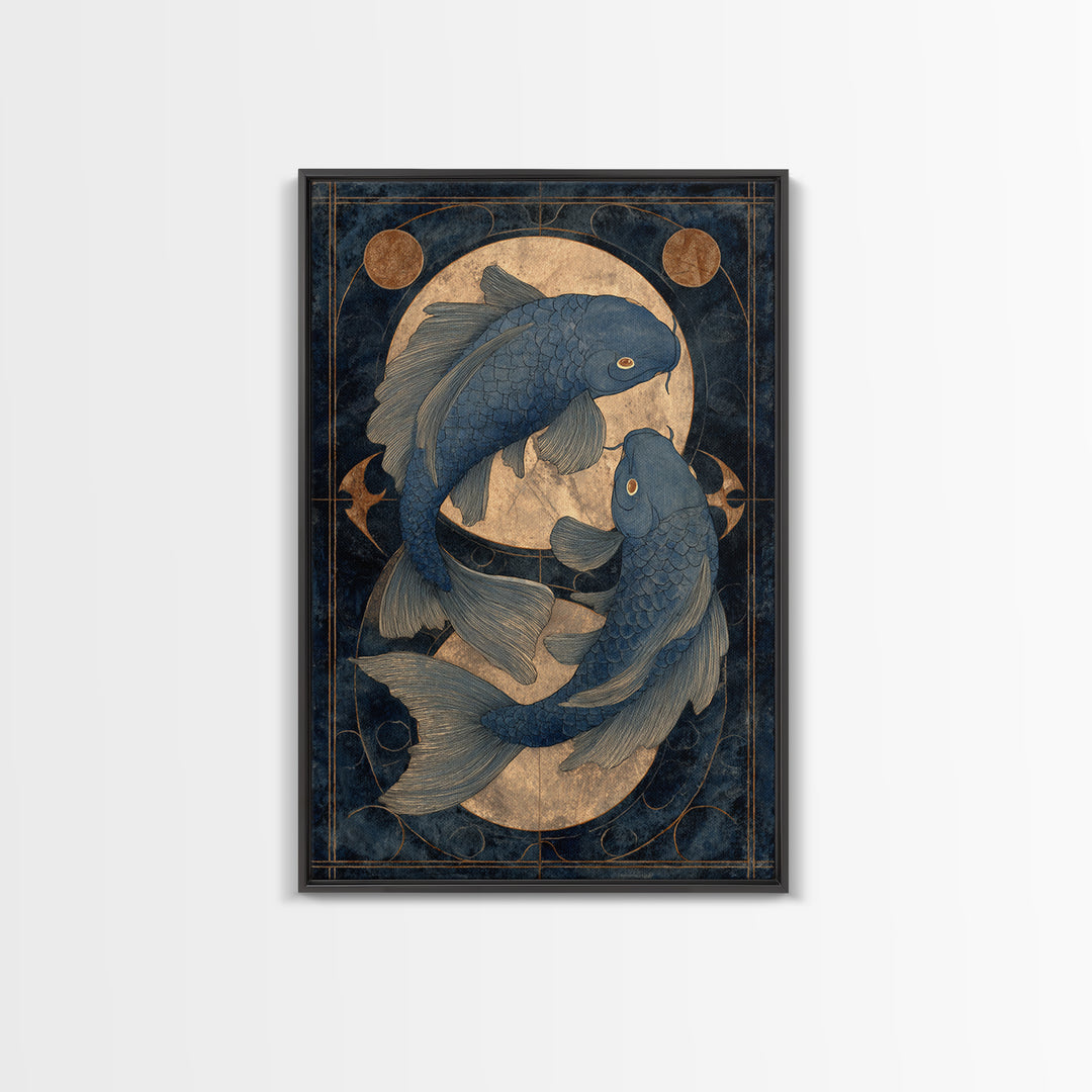 Cosmic Fish Pair Circling a Moonlit Pool Framed Canvas Print, Astrology Art, Art Nouveau, Living Room Decor, Fine Art, Zodiac, AST-2x3-55