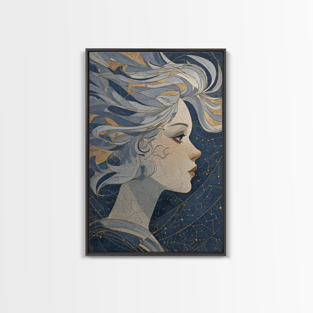 Moon Goddess with Flowing Hair and Constellations Canvas Print, Astrology Art, Astrology Gifts, Living Room Decor, Zodiac, AST-2x3-59