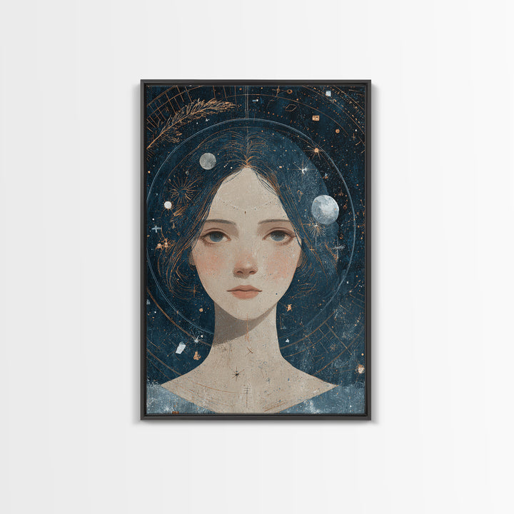 Virgo Maiden with Wheat and Blue Night Framed Canvas Print, Astrology Art, Astrology, Living Room Decor, Watercolor Art, Zodiac, AST-2x3-74