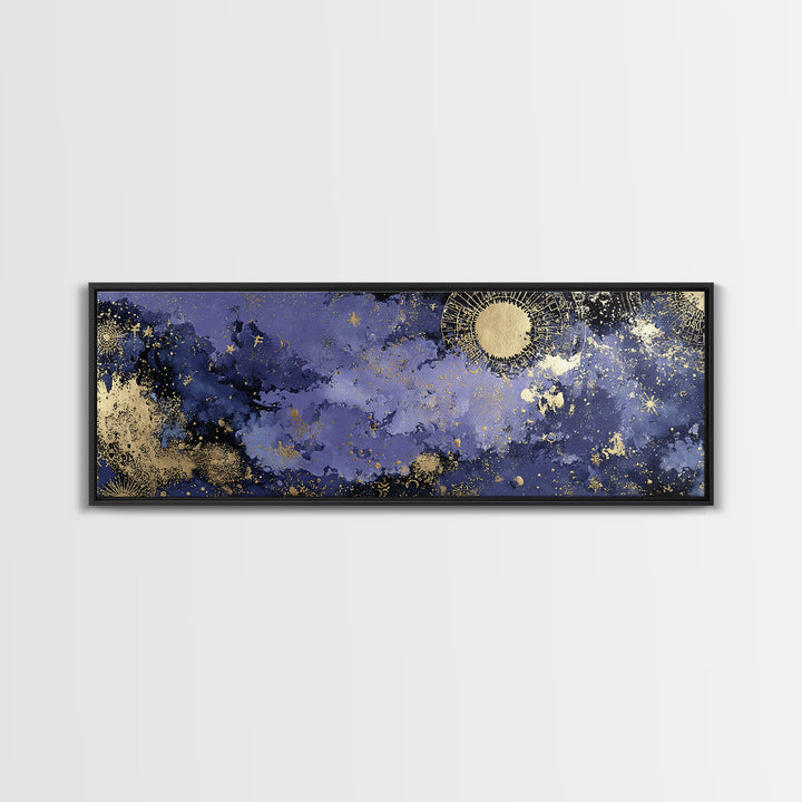 Gold Zodiac Wheel on Deep Midnight Blue Framed Canvas Print, Astrology Art, Zodiac Sign Print, Living Room Decor, Zodiac, AST-3x1-17