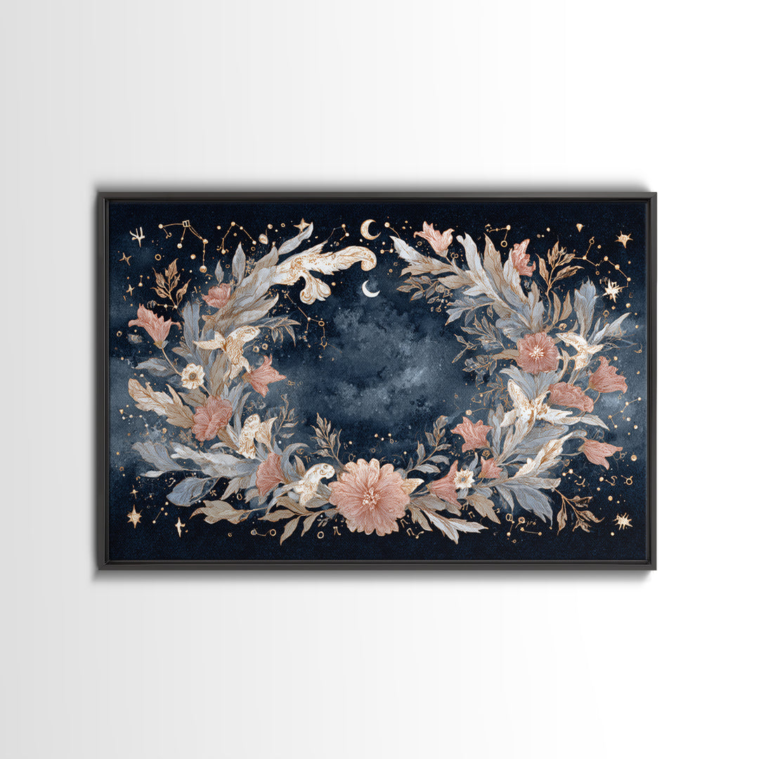 Astrological Botanical Wreath Framed Canvas Print, Astrology Art, Astronomy Art, Living Room Decor, Watercolor Art, Zodiac, AST-3x2-15