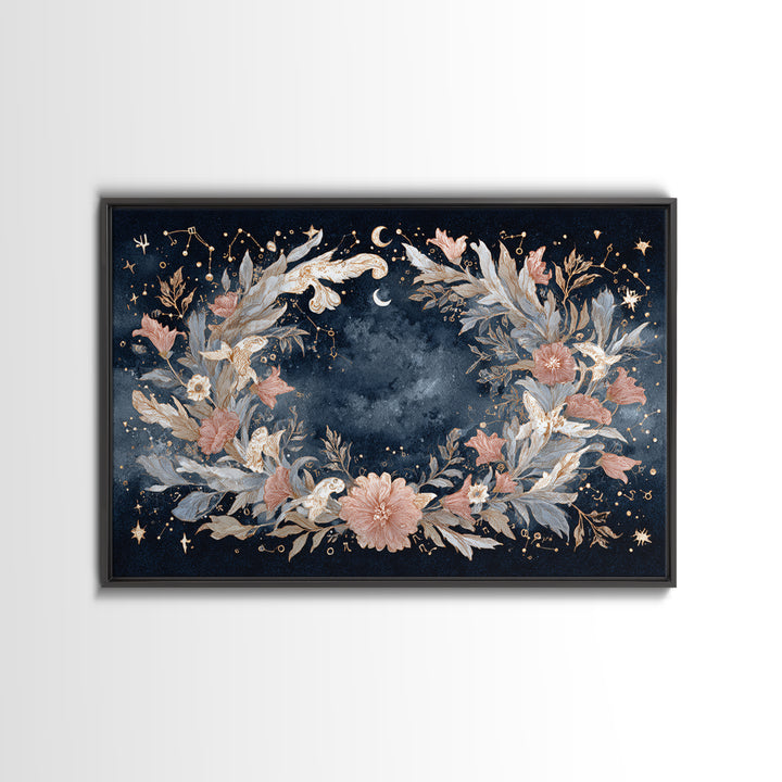 Astrological Botanical Wreath Framed Canvas Print, Astrology Art, Astronomy Art, Living Room Decor, Watercolor Art, Zodiac, AST-3x2-15