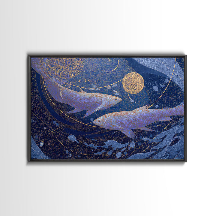 Cosmic Fish Pair Circling a Moonlit Pool Canvas Print, Astrology Art, Zodiac Wall Art, Living Room Decor, Fine Art, Zodiac, AST-3x2-3