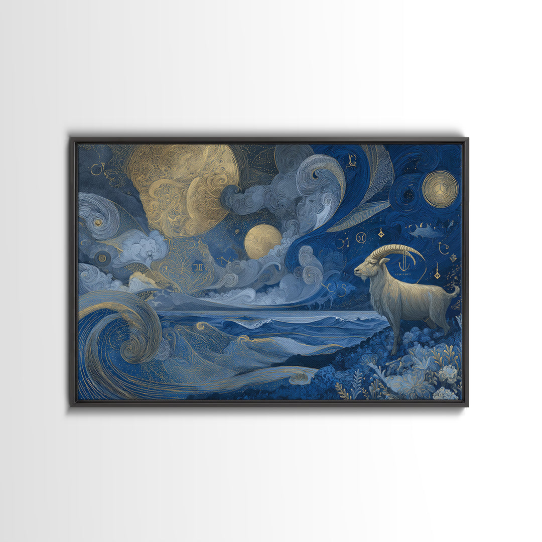 Capricorn Sea Goat Emerging from Cosmic Waves Canvas Print, Astrology Art, Digital Wall Art, Living Room Decor, Zodiac, AST-3x2-47