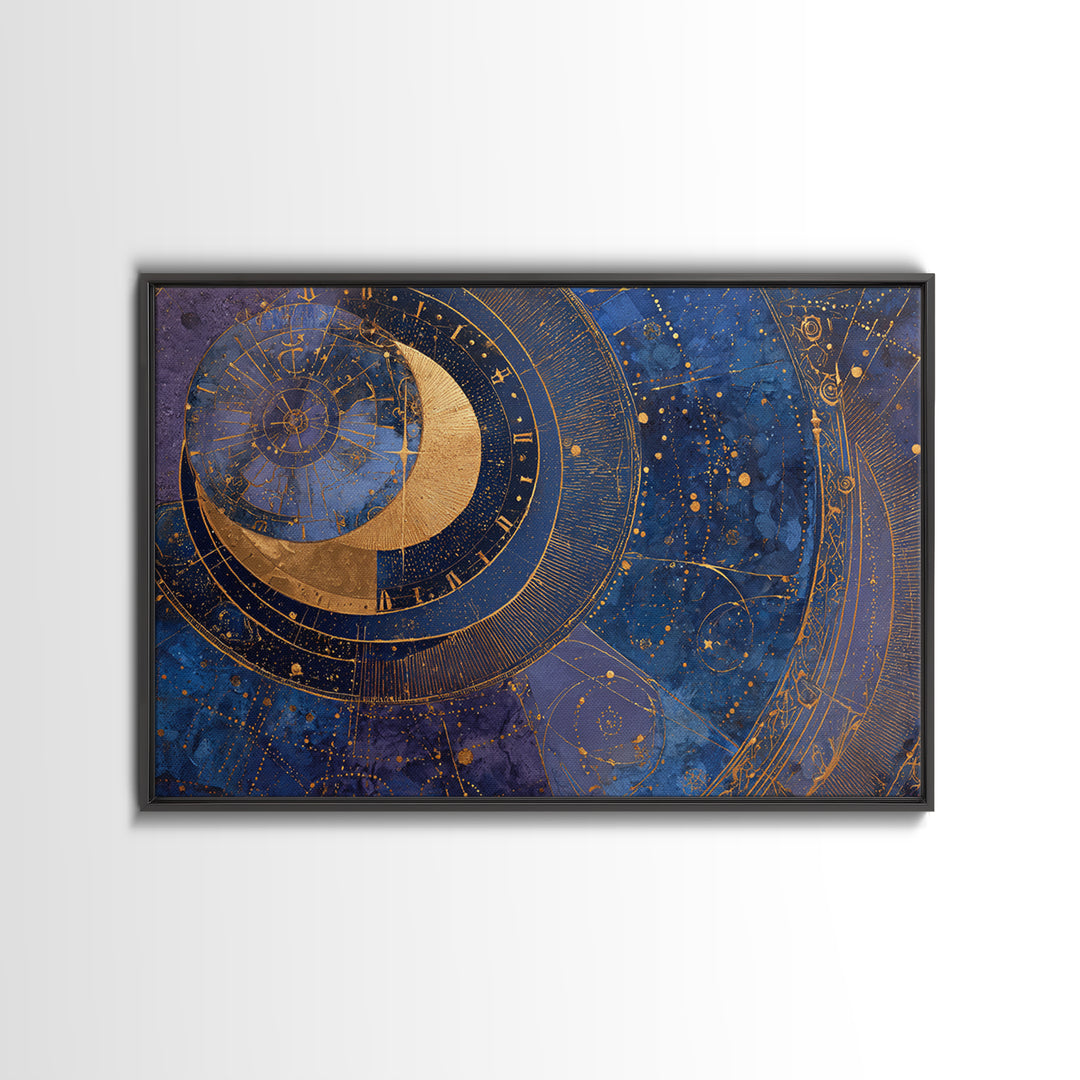 Gold Zodiac Wheel on Deep Midnight Blue Framed Canvas Print, Astrology Art, Astronomy Print, Living Room Decor, Zodiac, AST-3x2-5