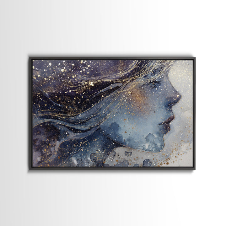 Moon Goddess with Flowing Hair and Constellations Canvas Print, Astrology Art, Astrology Gifts, Living Room Decor, Zodiac, AST-3x2-55