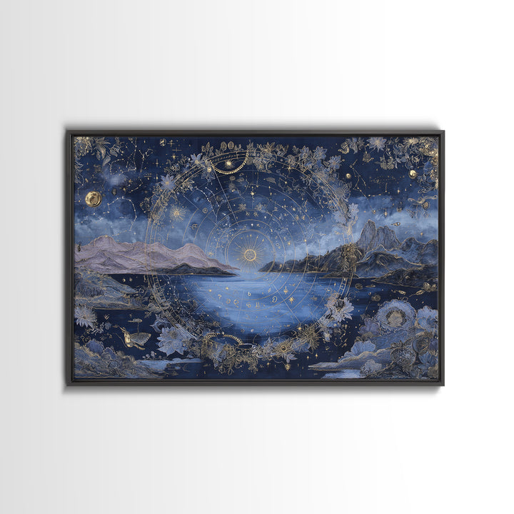 Astrological Botanical Wreath Framed Canvas Print, Astrology Art, Giclee Print, Living Room Decor, Oil Painting, Zodiac, AST-3x2-63