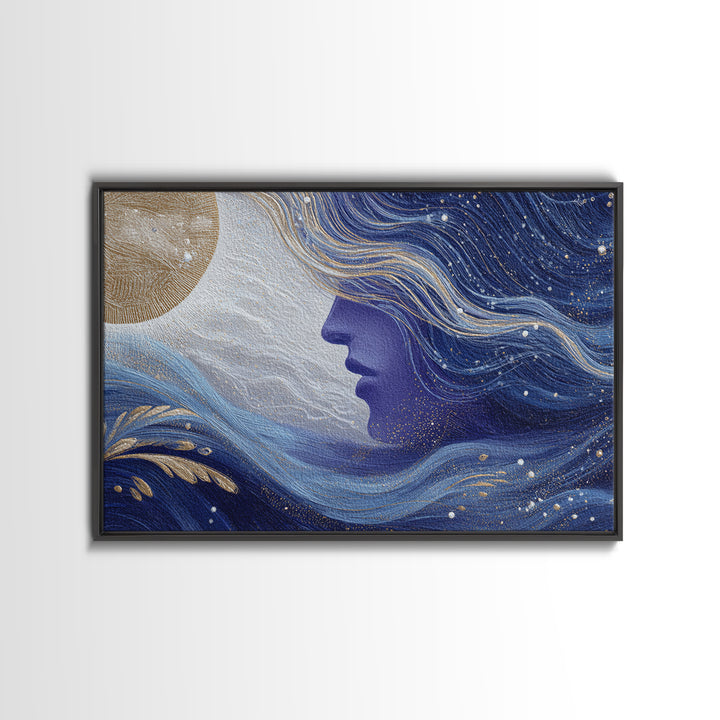 Moon Goddess with Flowing Hair and Constellations Framed Canvas Print, Astrology Art, Boho Decor, Living Room Decor, Zodiac, AST-3x2-7