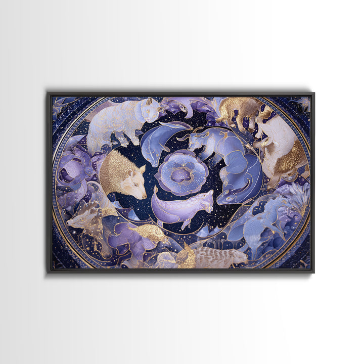 Twelve Zodiac Animals Arranged Framed Canvas Print, Astrology Art, Zodiac Sign Wall Art, Living Room Decor, Oil Painting, AST-3x2-8