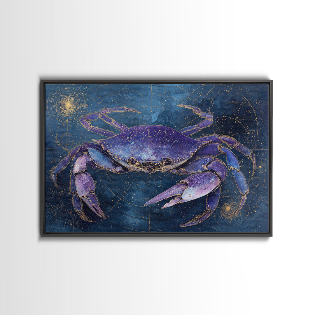 Celestial Crab under Glowing Ocean Moonlight Framed Canvas Print, Astrology Art, Art Print, Living Room Decor, Fine Art, Zodiac, AST-3x2-92