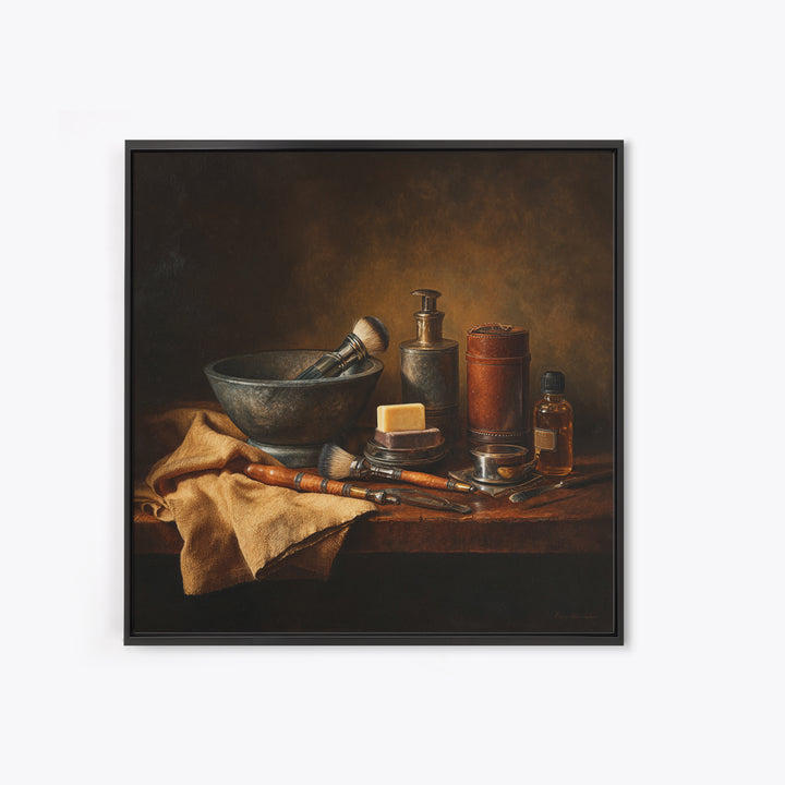 Hot Towel Shave Scene Cropped Close to Framed Canvas Print, Barbershop Art, Urban Wall Art, Barbershop Decor, Oil Painting, BAA-1x1-37