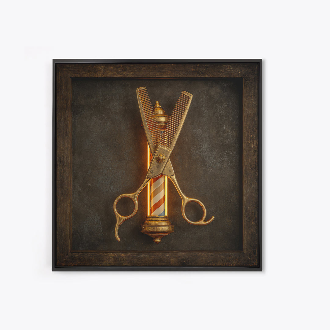 Neon Scissors Icon Framed Canvas Print, Barbershop Art, Extra Large Wall Art, Barbershop Decor, Oil Painting, Grooming, BAA-1x1-43