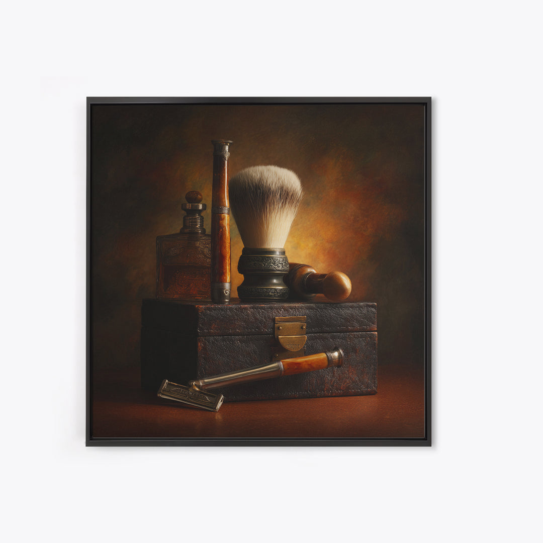 Straight Razor and Shaving Brush on Dark Canvas Print, Barbershop Art, Afrocentric Wall Art, Barbershop Decor, Grooming, BAA-1x1-50