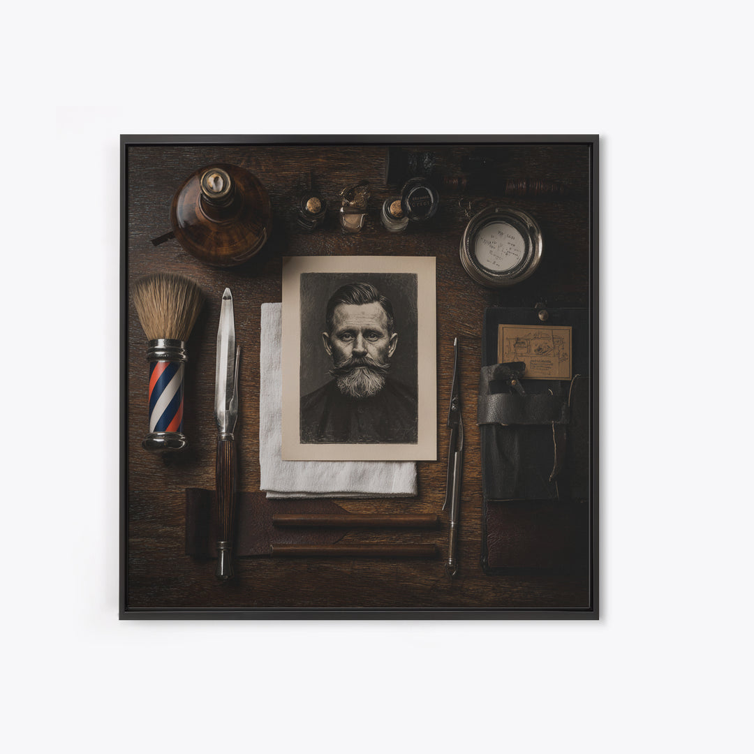 Tattooed Barber Portrait Framed Canvas Print, Barbershop Art, Downloadable Art, Barbershop Decor, Fine Art, Grooming, BAA-1x1-52