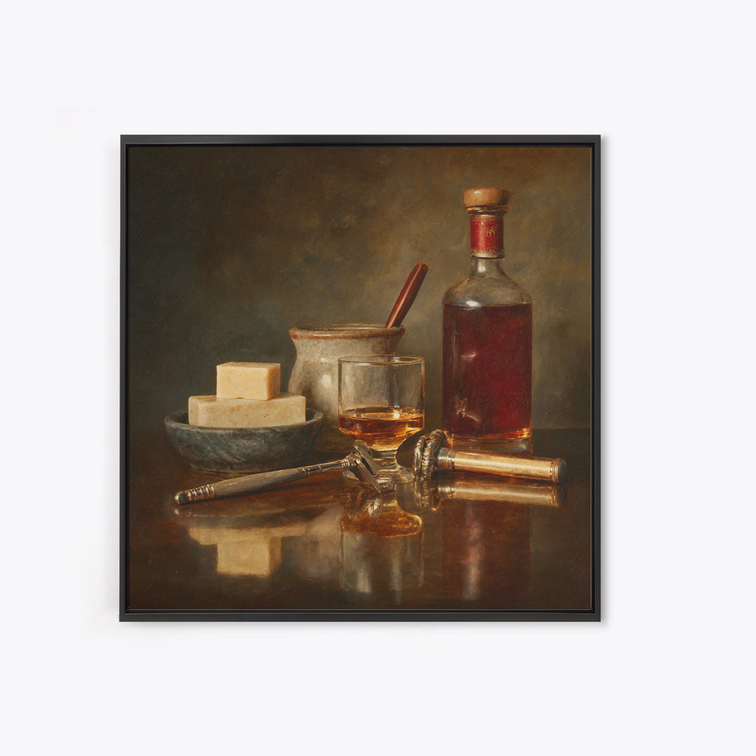 Whiskey and Straight Razor Masculine Still Life Canvas Print, Barbershop Art, Orange Wall Art, Barbershop Decor, Abstract Art, BAA-1x1-55
