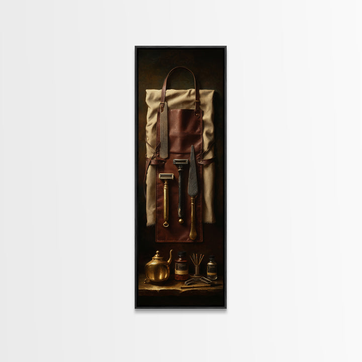 Leather Apron and Brass Tools Still Life Canvas Print, Barbershop Art, African American Art, Barbershop Decor, Grooming, BAA-1x3-10