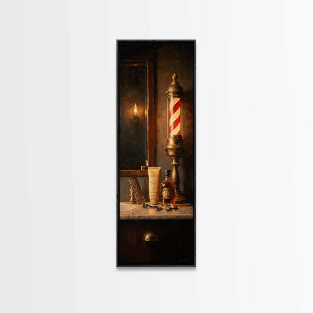Whiskey and Straight Razor Masculine Still Life Canvas Print, Barbershop Art, Statement Artwork, Barbershop Decor, Grooming, BAA-1x3-19