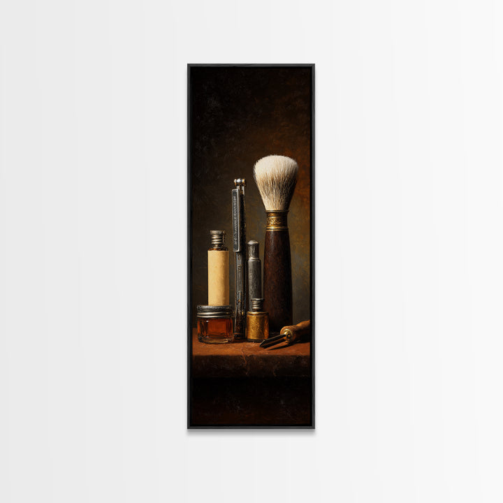Straight Razor and Shaving Brush on Dark Canvas Print, Barbershop Art, Digital Poster, Barbershop Decor, Fine Art, Grooming, BAA-1x3-38