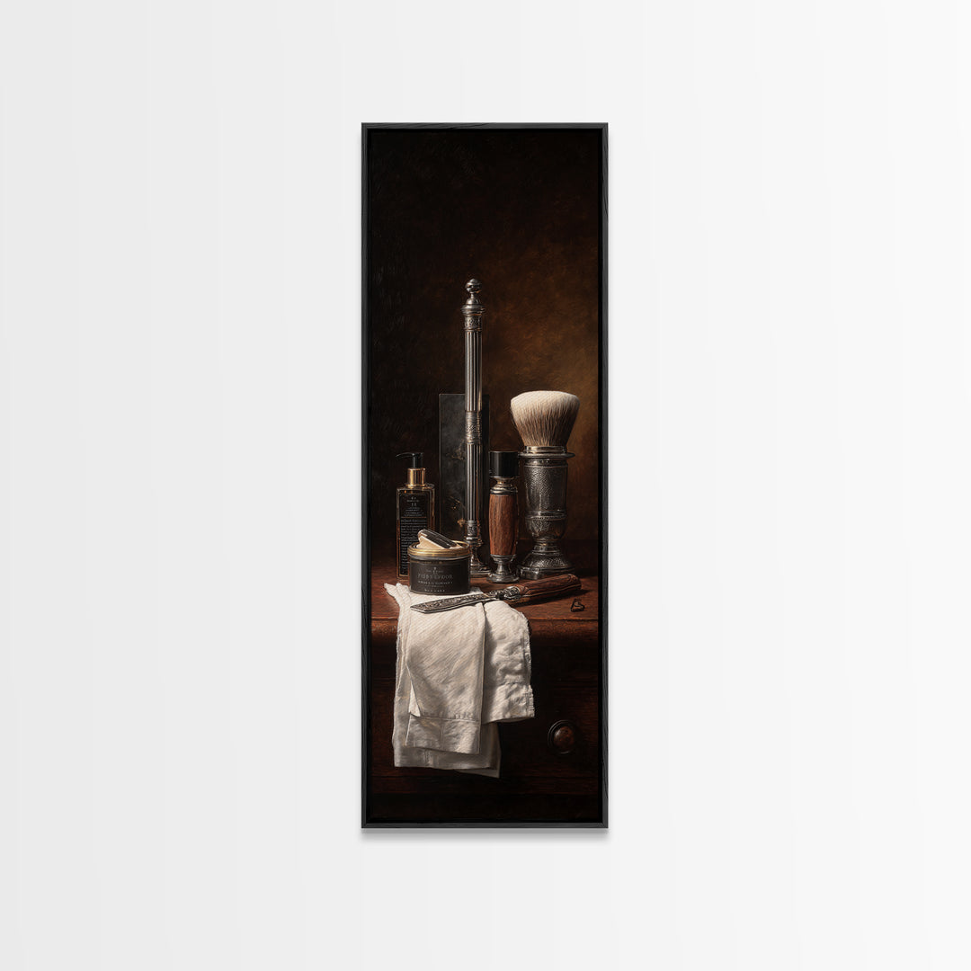 Straight Razor and Shaving Brush on Dark Framed Canvas Print, Barbershop Art, Afrocentric Art, Barbershop Decor, Grooming, BAA-1x3-62