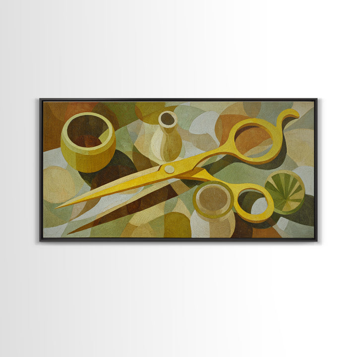 Leather Apron and Brass Tools Still Life Framed Canvas Print, Barbershop Art, Home Decor, Barbershop Decor, Fine Art, Grooming, BAA-2x1-18