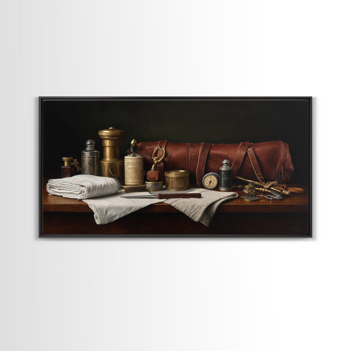 Leather Apron and Brass Tools Still Life Framed Canvas Print, Barbershop Art, Home Decor, Barbershop Decor, Fine Art, Grooming, BAA-2x1-42