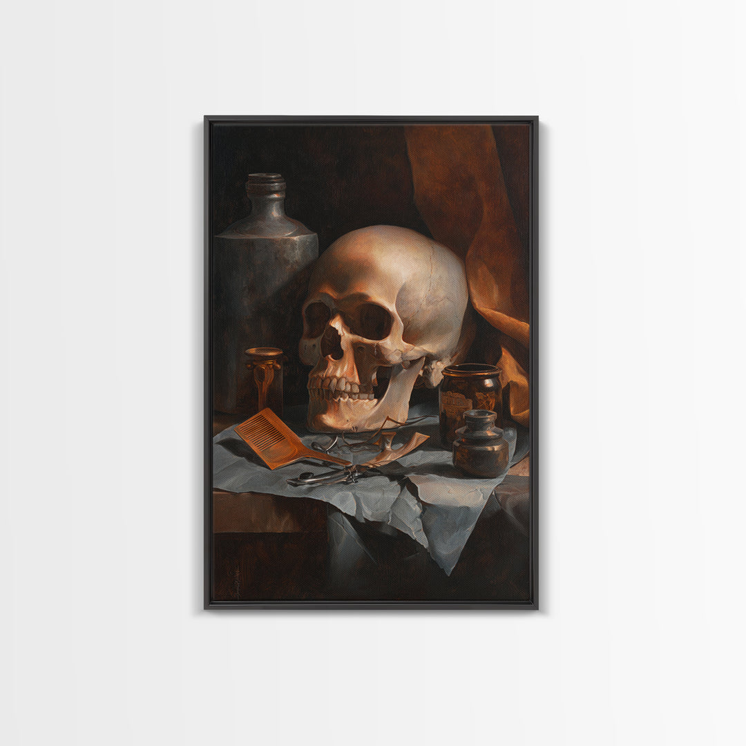 Skull with Comb and Razor in Tattoo Framed Canvas Print, Barbershop Art, Neutral Decor, Barbershop Decor, Abstract Art, BAA-2x3-47
