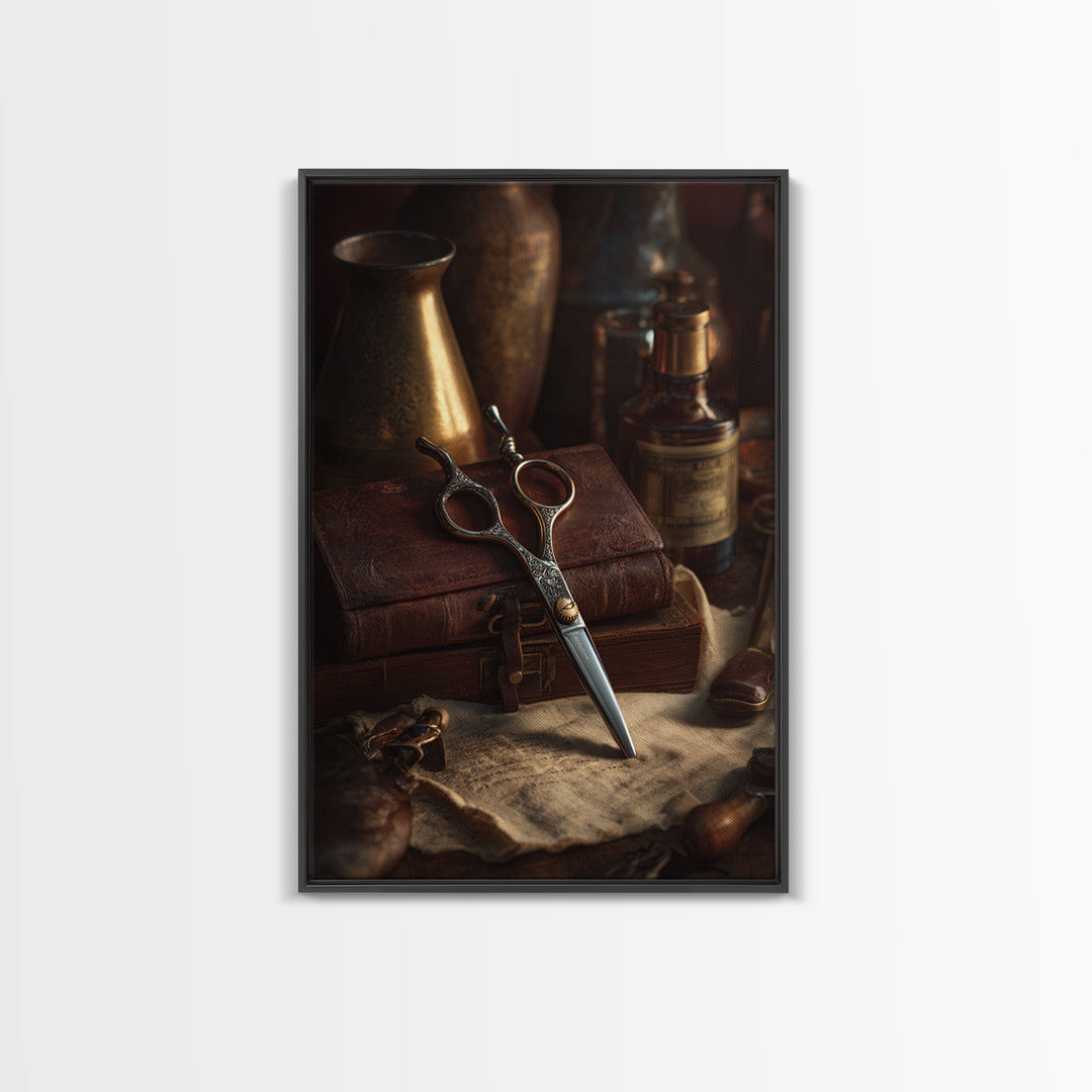 Neon Scissors Icon Framed Canvas Print, Barbershop Art, Black Man Art, Barbershop Decor, Oil Painting, Grooming, BAA-2x3-51