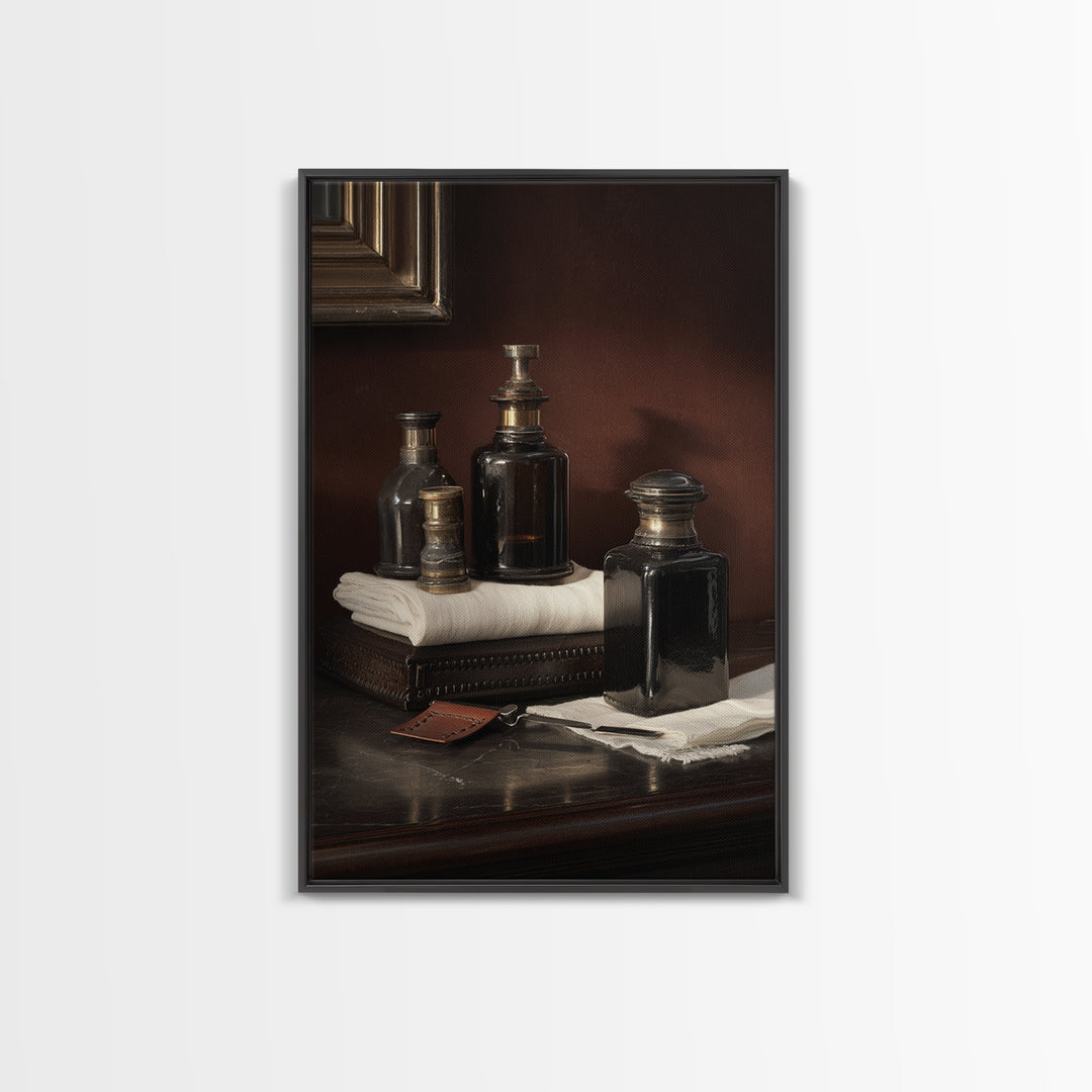 Old World Apothecary Bottles for Grooming Oils Canvas Print, Barbershop Art, Quirky Home Decor, Barbershop Decor, Grooming, BAA-2x3-52