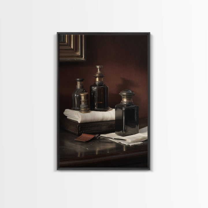 Old World Apothecary Bottles for Grooming Oils Canvas Print, Barbershop Art, Quirky Home Decor, Barbershop Decor, Grooming, BAA-2x3-52