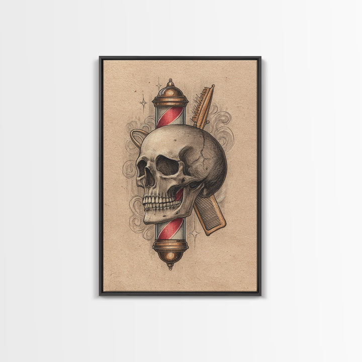 Skull with Comb and Razor in Tattoo Canvas Print, Barbershop Art, Luxury Decor, Barbershop Decor, Fine Art, Grooming, BAA-2x3-71