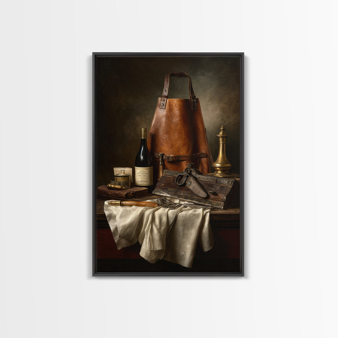 Leather Apron and Brass Tools Still Life Framed Canvas Print, Barbershop Art, Minimalist Decor, Barbershop Decor, Grooming, BAA-2x3-78
