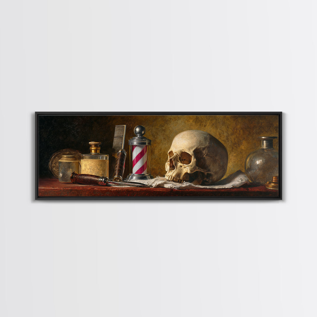 Skull with Comb and Razor in Tattoo Framed Canvas Print, Barbershop Art, Room Decor, Barbershop Decor, Fine Art, Grooming, BAA-3x1-55
